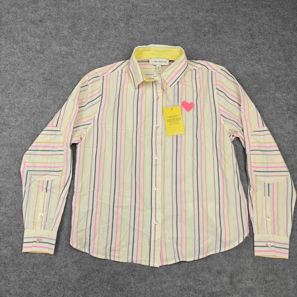 Kerri Rosenthal Shirt Womens‎ Medium Multi Stripe Heart Cotton Button Up New